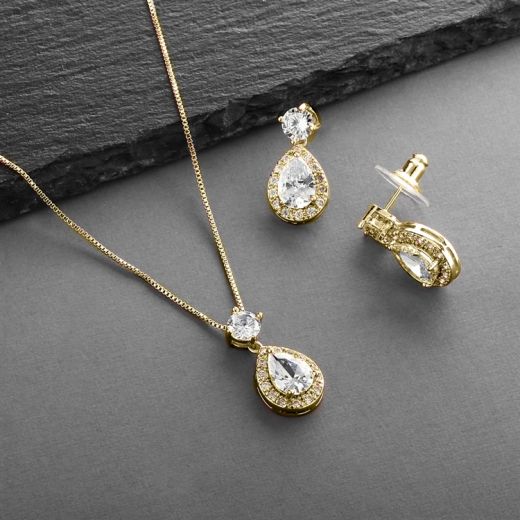Brilliant Cz Halo Pear Shaped Gold Necklace And Earrings Set