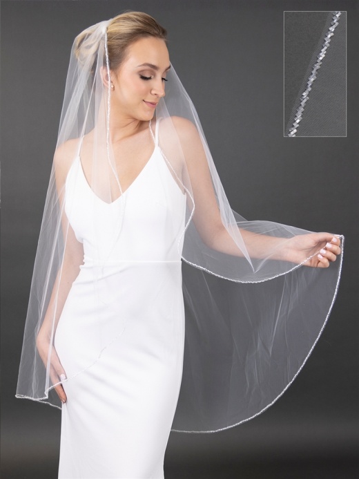 Exquisite 48" Beaded Ivory Bridal Veil With Opaque Satin Ice Bugle Bead Edge