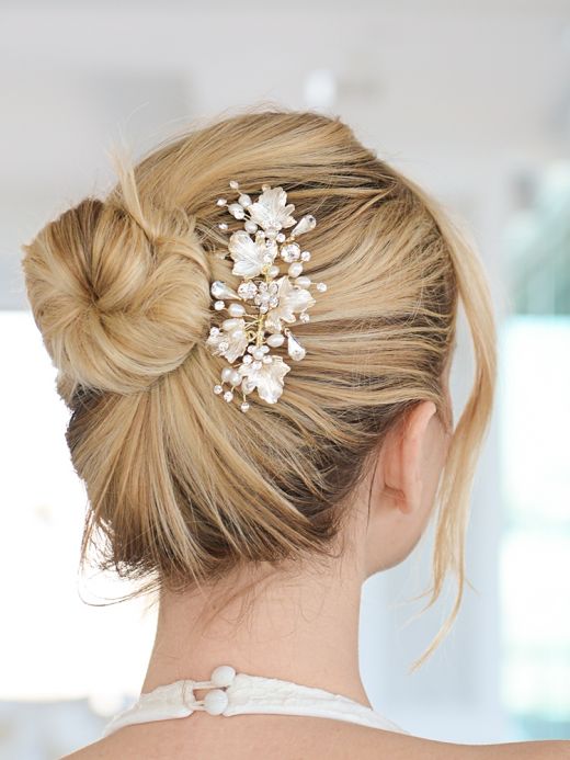 Couture Bridal Hair Comb with Hand Painted Gold Leaves, Freshwater Pearls and Crystals