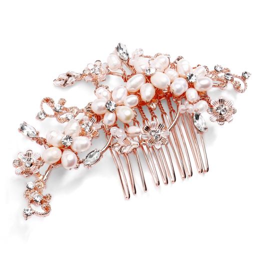 Elegant Rose Gold Wedding Comb with Freshwater Pearls and Austrian Crystal Accents
