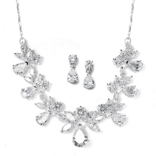 Mixed Pear Shaped Cz Bridal Or Prom Necklace & Earrings Set With Delicate Chain