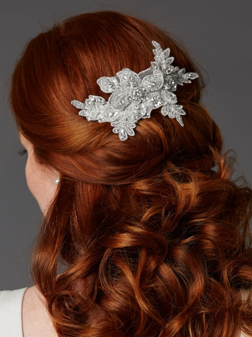 Sculptured European White Lace Bridal Comb With Crystals And Sequins