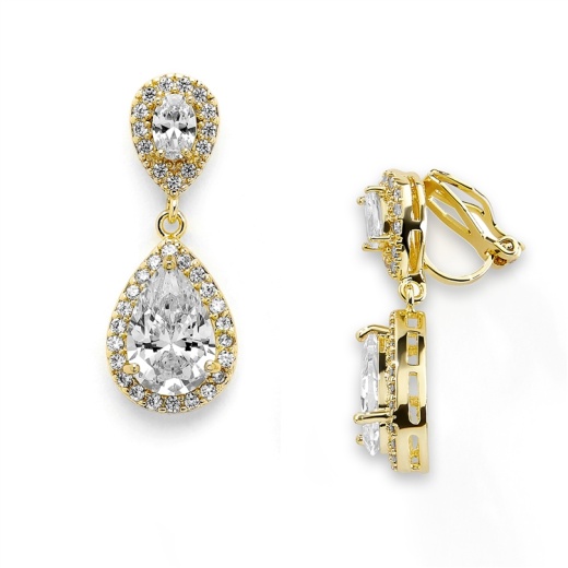Lustrous 14K Gold Cubic Zirconia Teardrop Wedding Clip-On Earrings