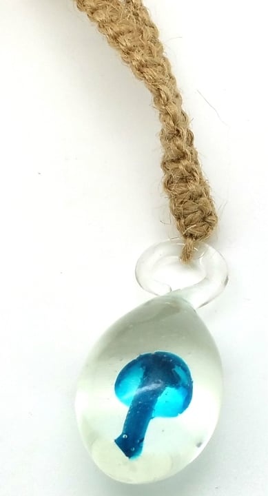 Blue Mushroom In Murano Glass Pendant On Hemp Choker Necklace