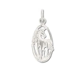 Sterling Silver Forest Unicorn In Oval Pendant