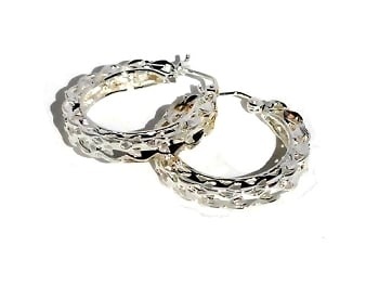 Sterling Silver Thick Filigree Pin Catch Hoop Earrings
