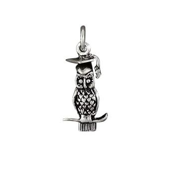Sterling Silver 925 Owl In Graduation Cap Charm Pendant