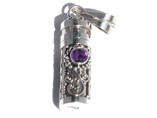 Sterling Silver Cylinder Prayer Box Pendant with Amethyst