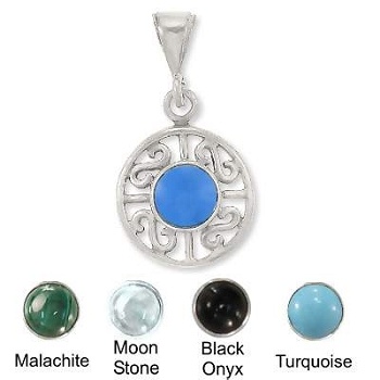 Sterling Silver Genuine Stone Filigree Circle Pendant