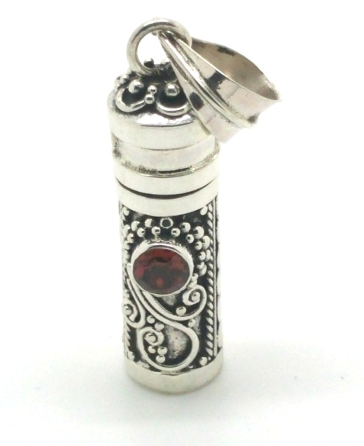 Sterling Silver Cylinder Prayer Box Pendant With Garnet Gemstone