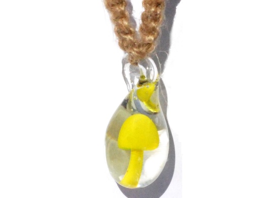 Yellow Mushroom In Murano Glass Pendant On Hemp Choker Necklace