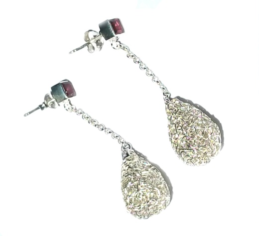 Sterling Silver Dangle Earrings with Amethyst and Intricate Wire Wide Teardrop Pendant