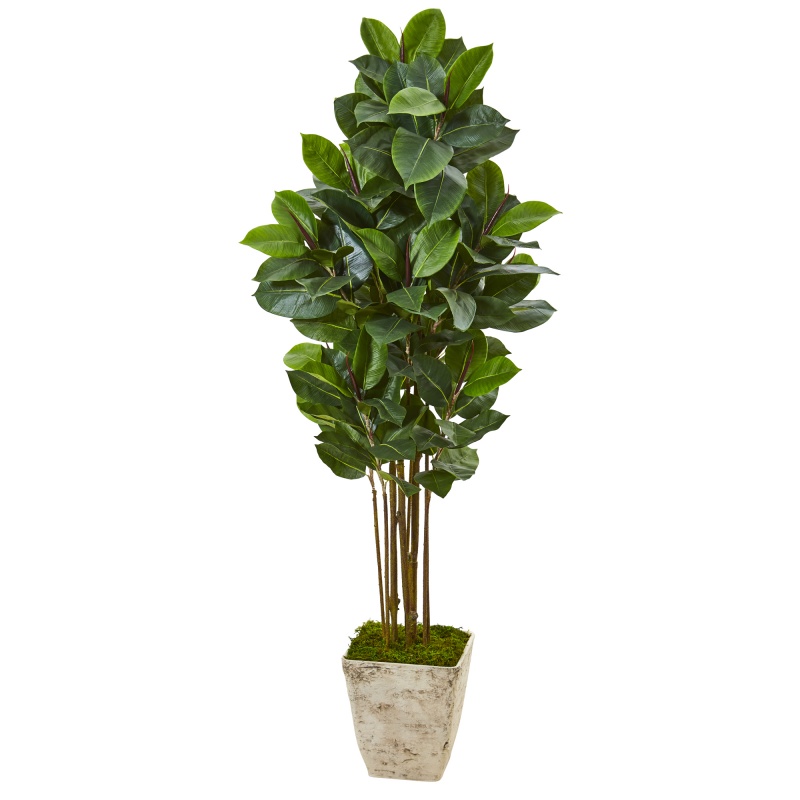 63” Rubber Leaf Artificial Tree In Country White Planter