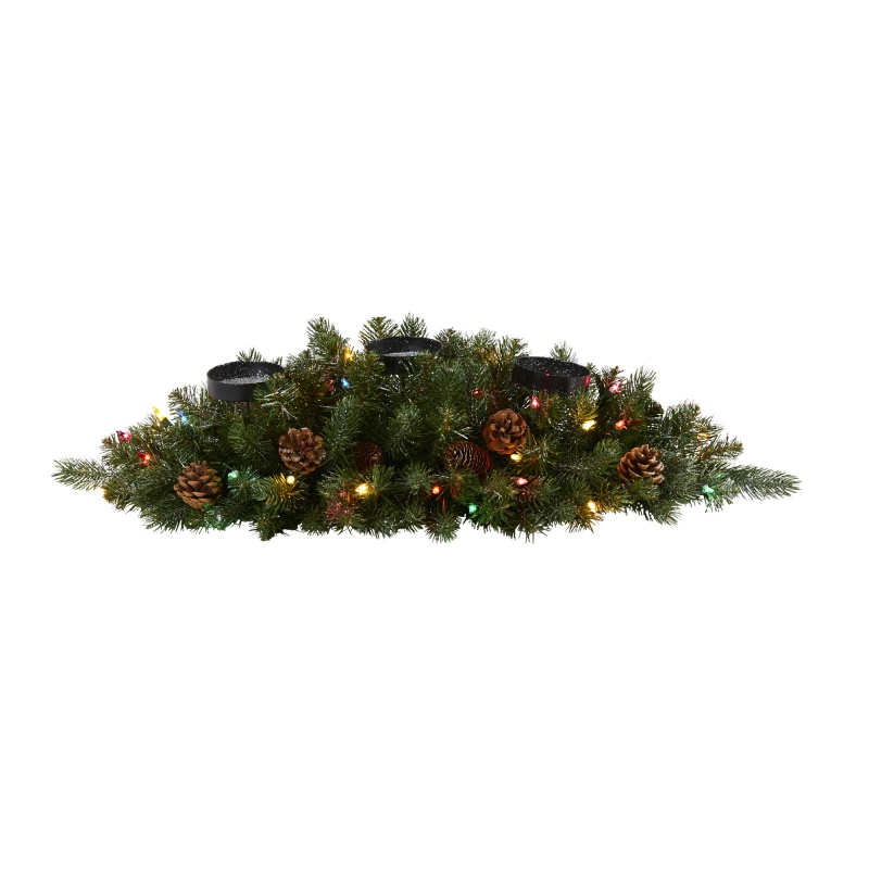 30” Flocked And Glittered Artificial Christmas Triple Candelabrum With 35 Multicolored Lights And Pine Cones