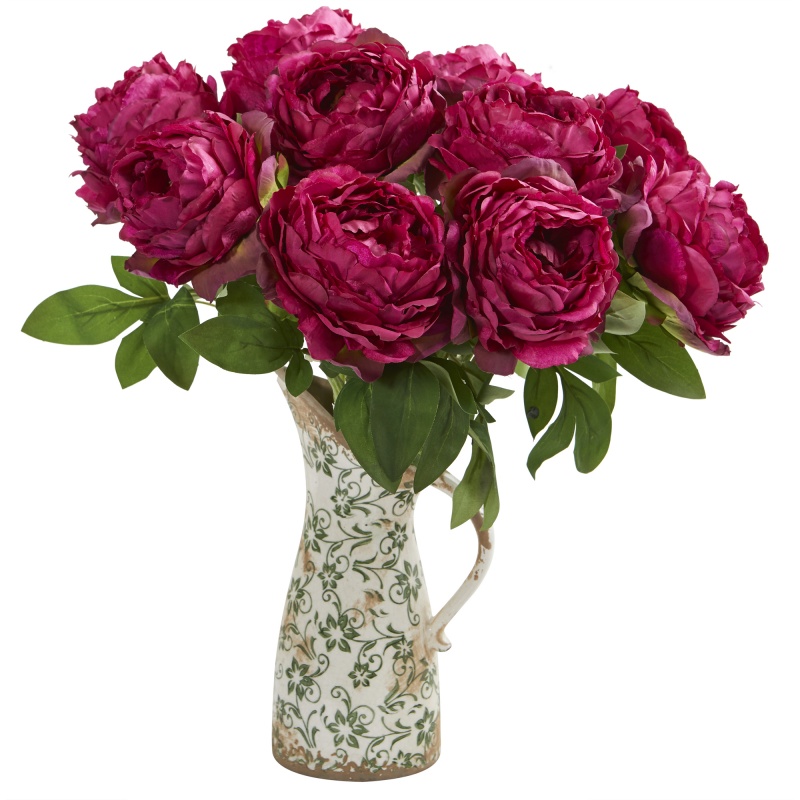 18” Peony Artificial Arrangement In Floral Pitcher
