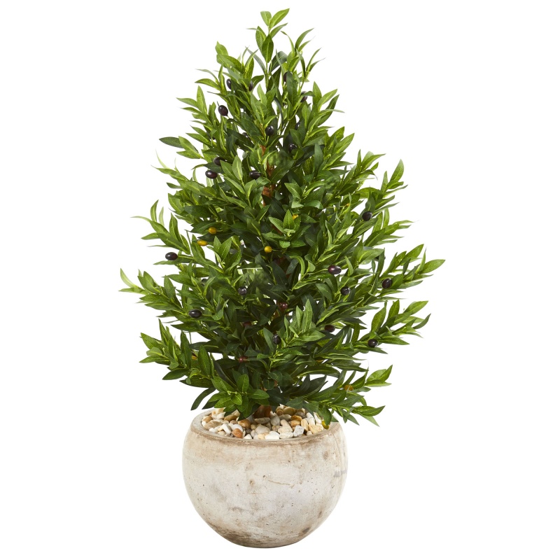 3’ Olive Cone Topiary Artificial Tree in Sand Stone Planter