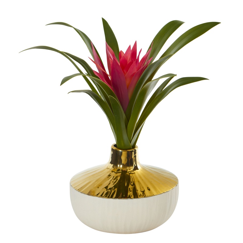 13” Ginger Artificial Plant In Gold And Cream Elegant Vase