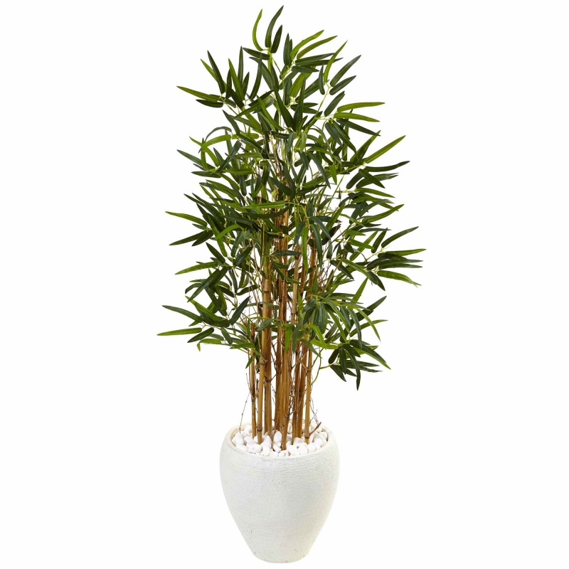 4’ Bamboo Tree In White Oval Planter