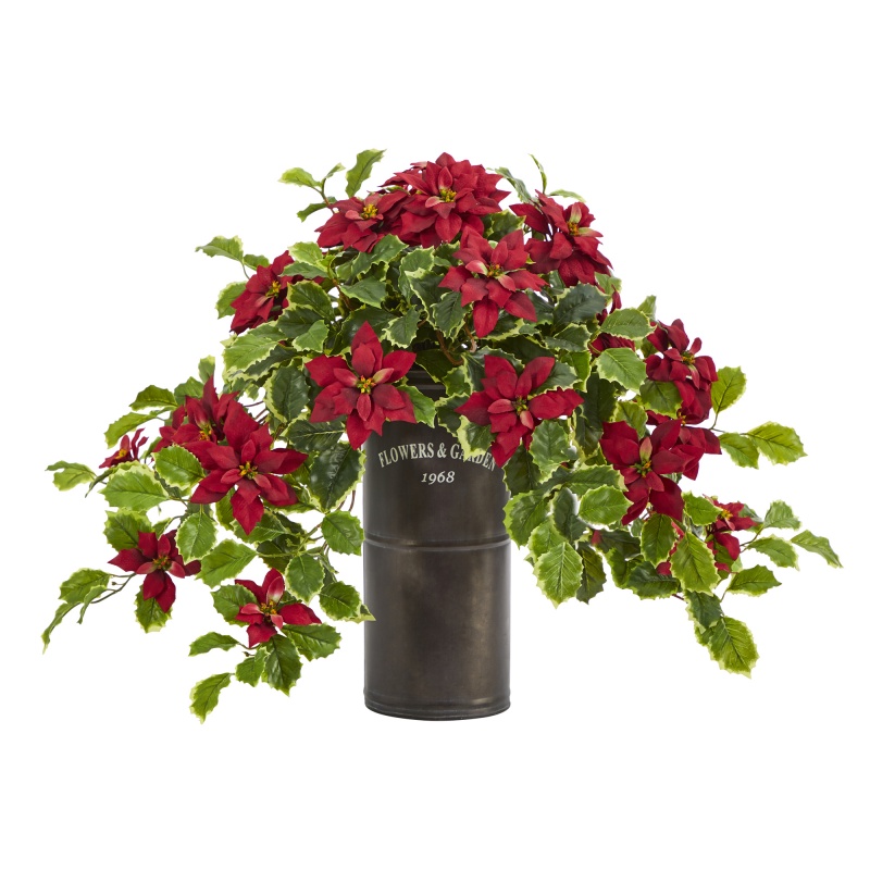 21" Poinsettia and Variegated Holly Artificial Plant in Decorative Planter
