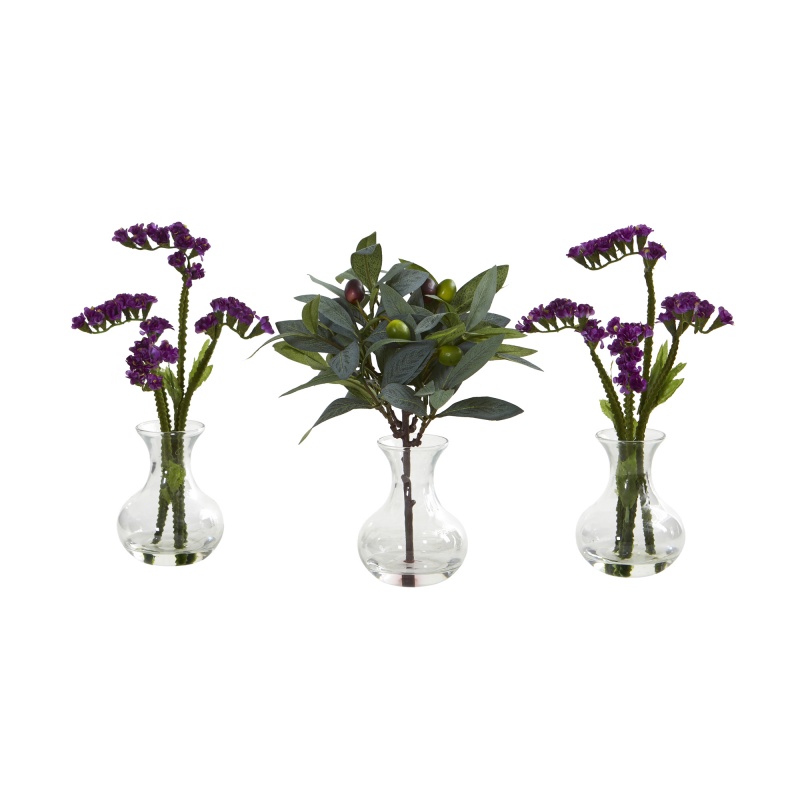 10” Baby Breath and Olive Artificial Arrangement in Vase (Set of 3)