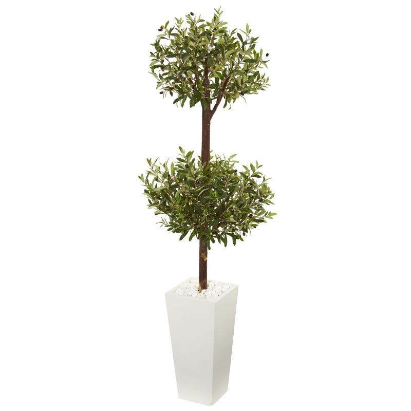 5.5' Olive Artificial Double Topiary Tree In White Tower Planter