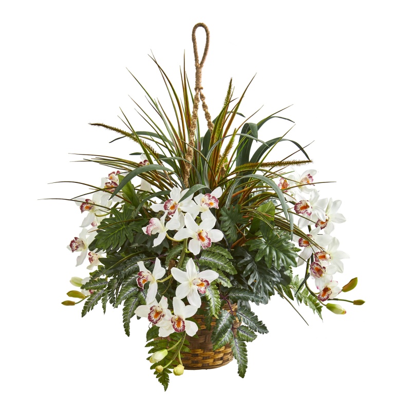 29” Cymbidium Orchid And Mixed Greens Artificial Plant Hanging Basket