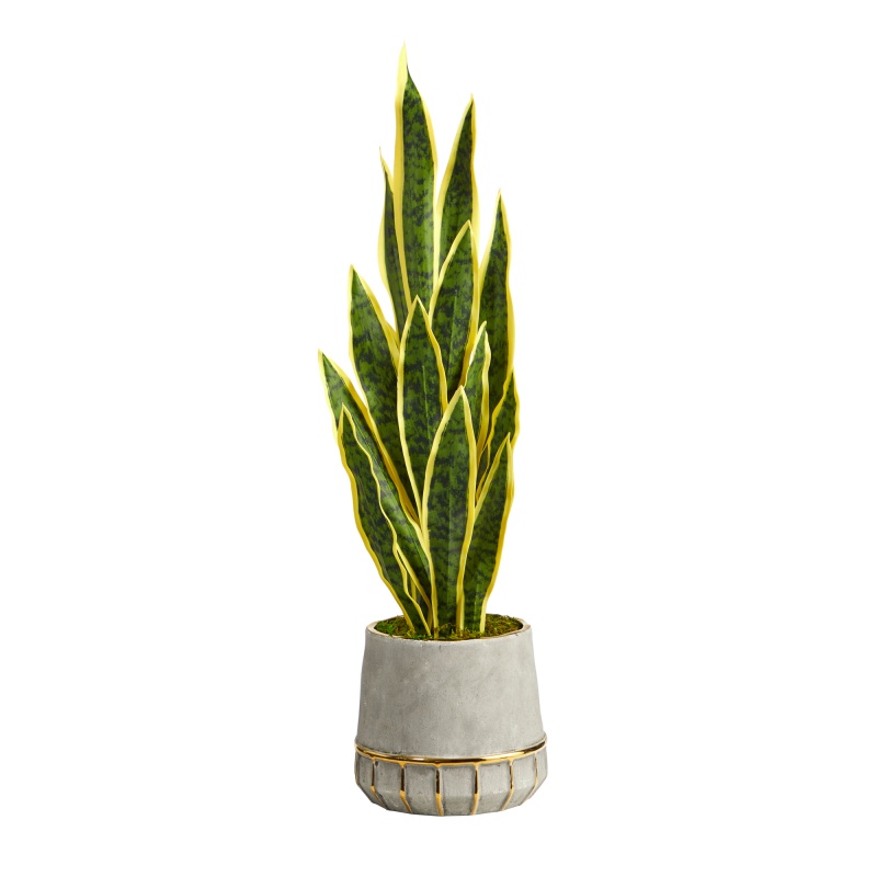 34” Sansevieria Artificial Plant In Stoneware Planter With Gold Trimming