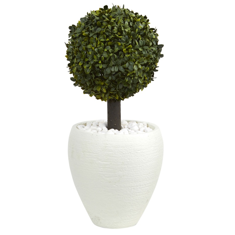 26” Boxwood Topiary Artificial Tree In White Oval Planter (Indoor/Outdoor)