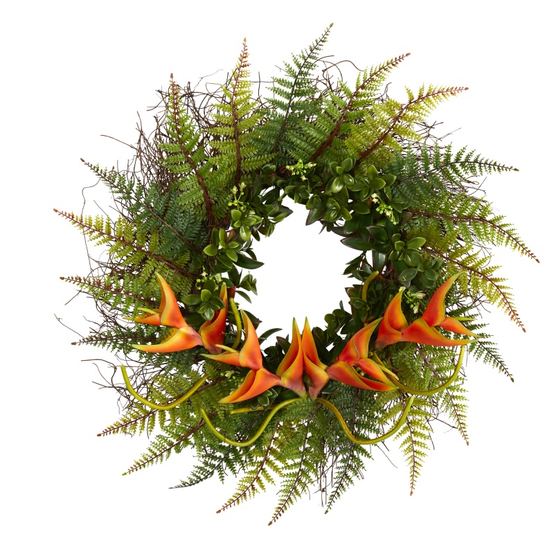 23” Assorted Fern And Mini Heliconia Artificial Wreath