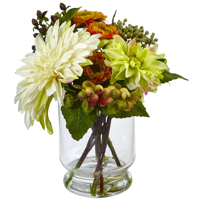 Mixed Dahlia And Mum With Glass Vase
