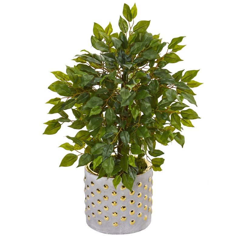 17” Mini Ficus Artificial Tree In Stoneware Vase With Gold Trimming