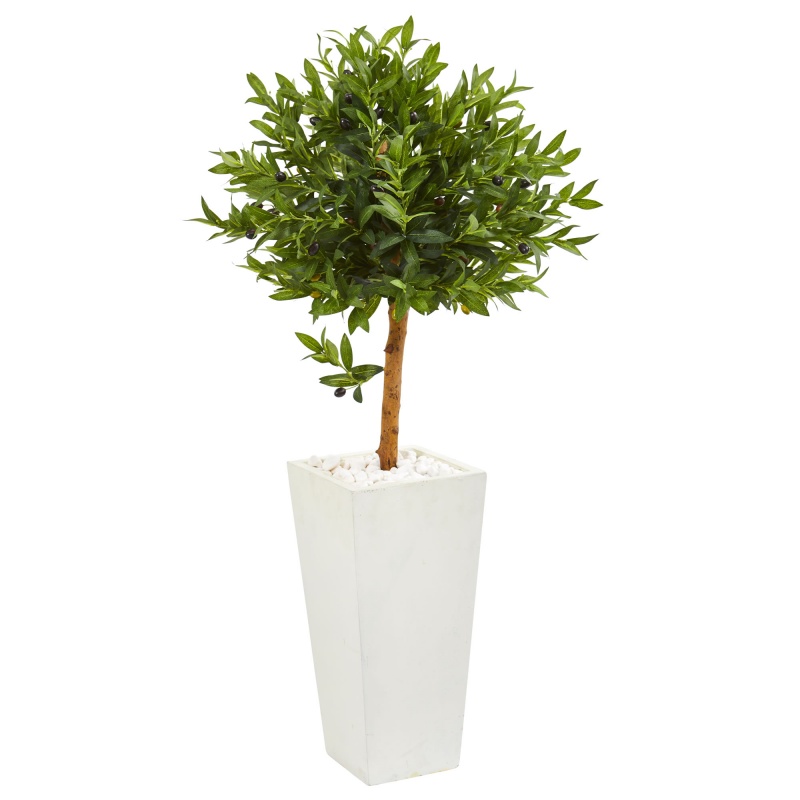4’ Olive Topiary Artificial Tree In White Planter Uv Resistant (Indoor/Outdoor)
