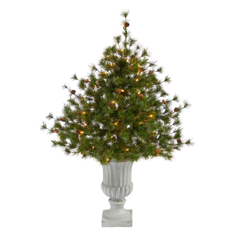 44” Colorado Mountain Pine Artificial Christmas Tree With 50 Clear Lights. 171 Bendable Branches And Pine Cones In Decorative Urn