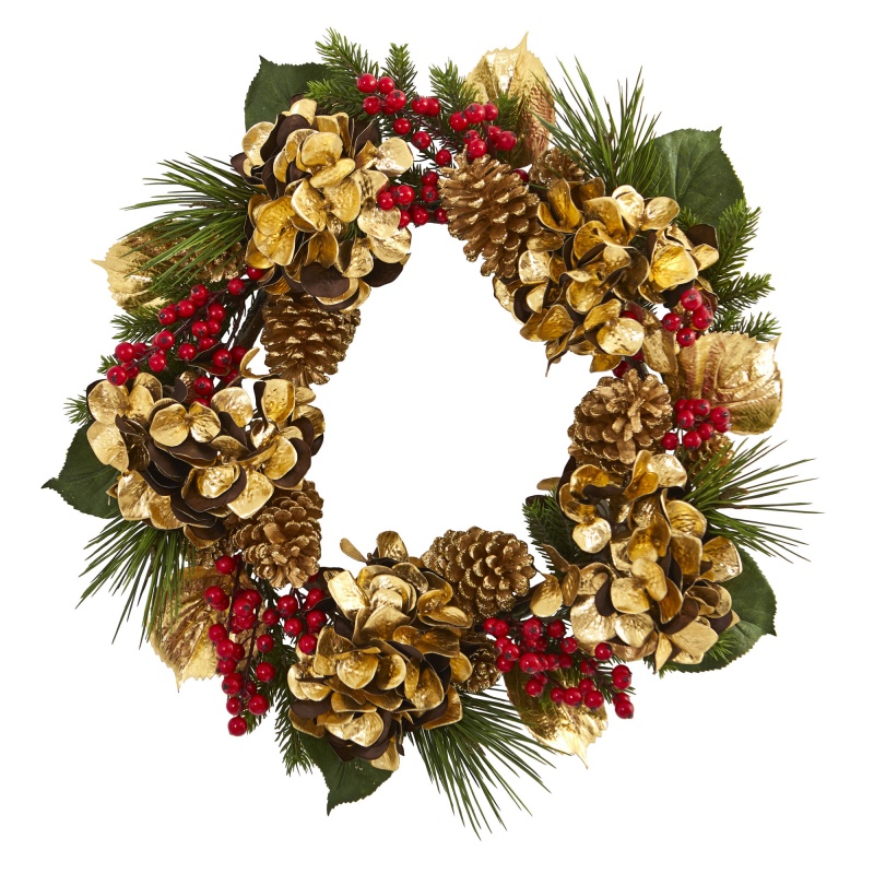 24” Golden Hydrangea With Berries And Pine Artificial Wreath