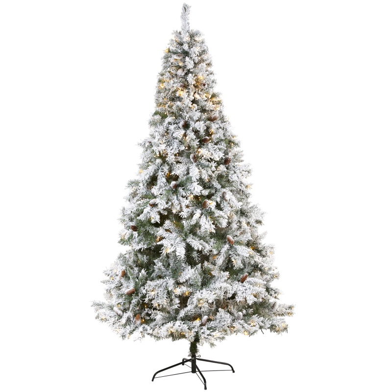 8' Flocked White River Mountain Pine Artificial Christmas Tree With Pinecones And 500 Clear Led Lights