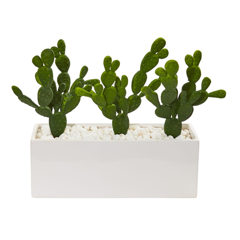11” Cactus Succulent Artificial Plant In Glazed White Vase