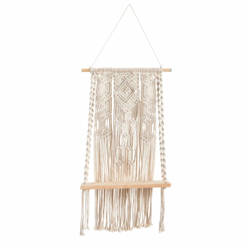 2.5’ X 1.5’ Hand Crafted Woven Macrame Wall Hanging With Wooden Shelf