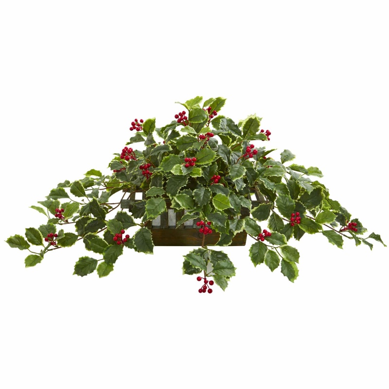 37” Variegated Holly Leaf Artificial Plant In Planter (Real Touch)
