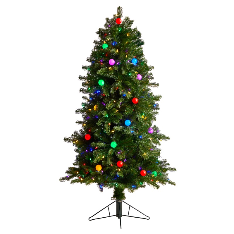 5’ Montana Mountain Fir Tree With 300 Multi Color Led Lights, 30 Globe Bulbs And 574 Branches