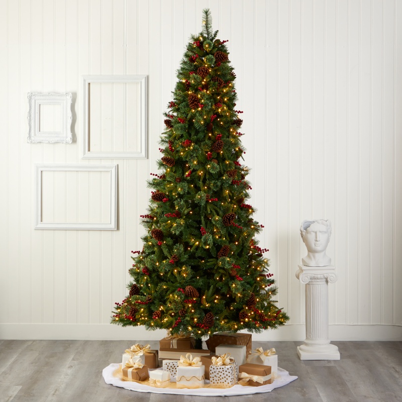 9’ Norway Mixed Pine Artificial Christmas Tree With 650 Clear Led Lights, Pine Cones And Berries