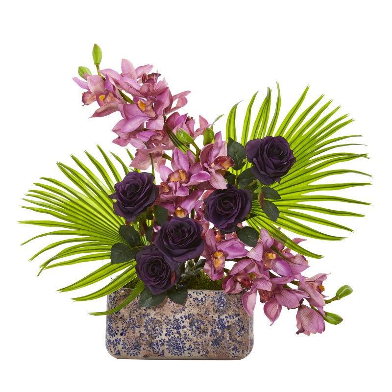 Cymbidium Orchid, Rose And Fan Palm Artificial Arrangement