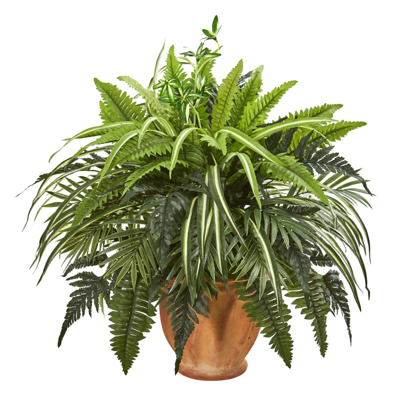 23” Mixed Greens And Fern Artificial Plant In Terra Cotta Planter