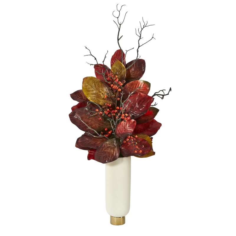 38” Autumn Magnolia Leaf With Berries Artificial Plant in Cream Planter With Gold Base