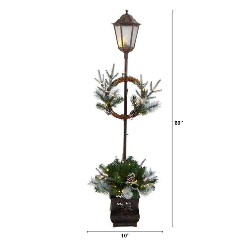 5’ Holiday Pre-Lit Decorated Lamp Post With Greenery, Decorative Container And 50 Led Lights