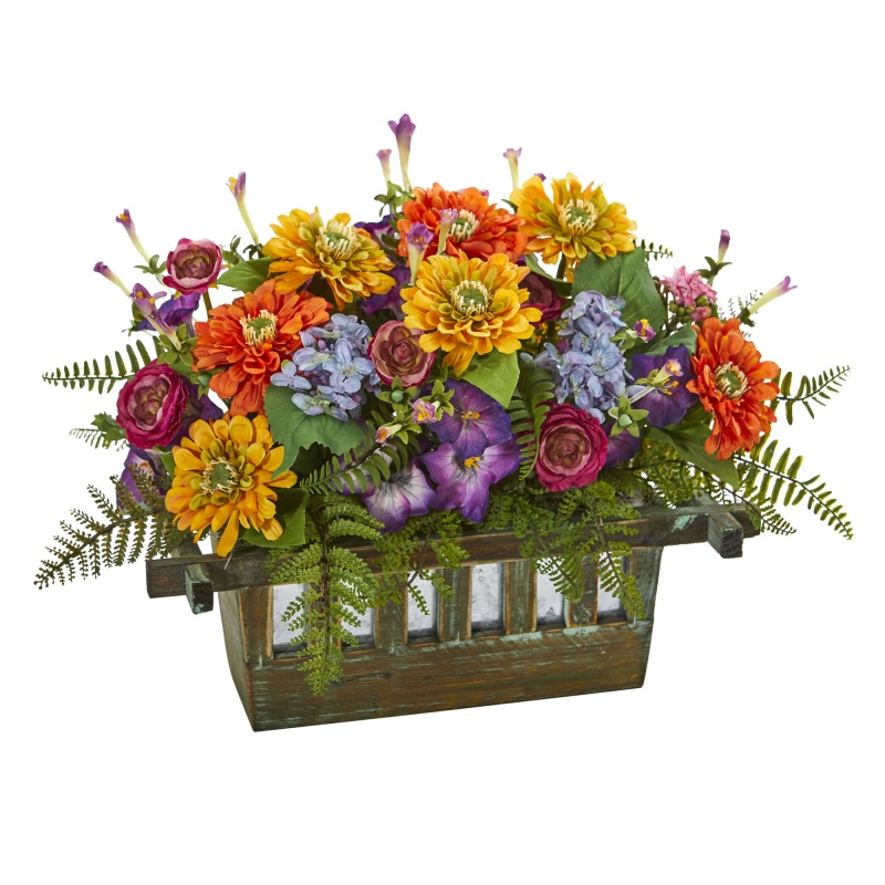 Mixed Floral Artificial Arrangement In Rectangular Wood Planter