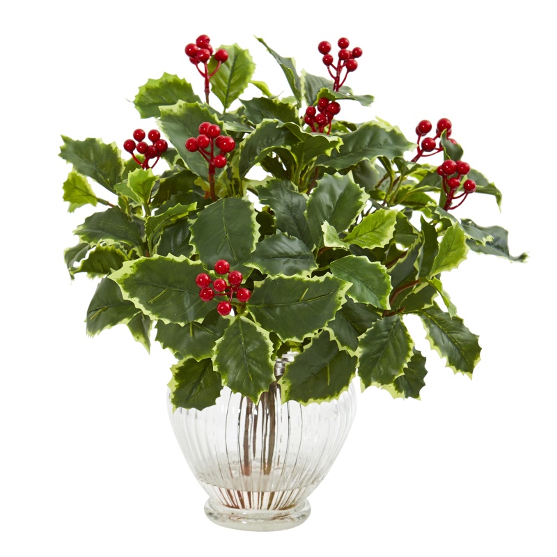 15” Variegated Holly Leaf Artificial Plant In Vase