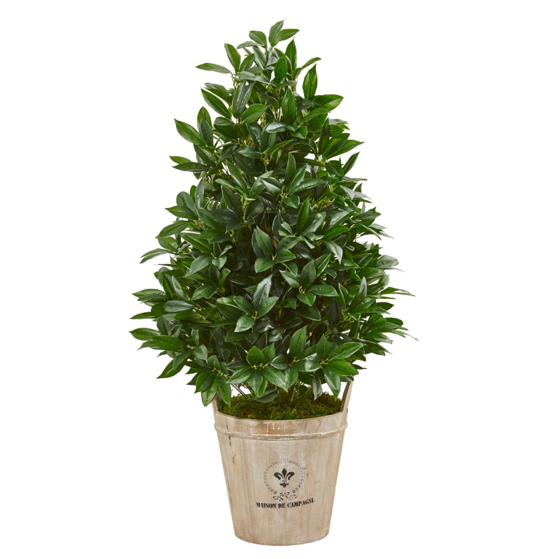 39” Bay Leaf Cone Topiary Artificial Tree In Farmhouse Planter