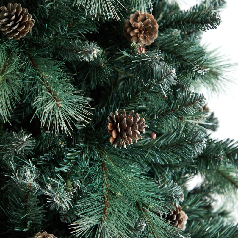 9’ Frosted Tip British Columbia Mountain Pine Tree With 700 Clear Lights, Pine Cones