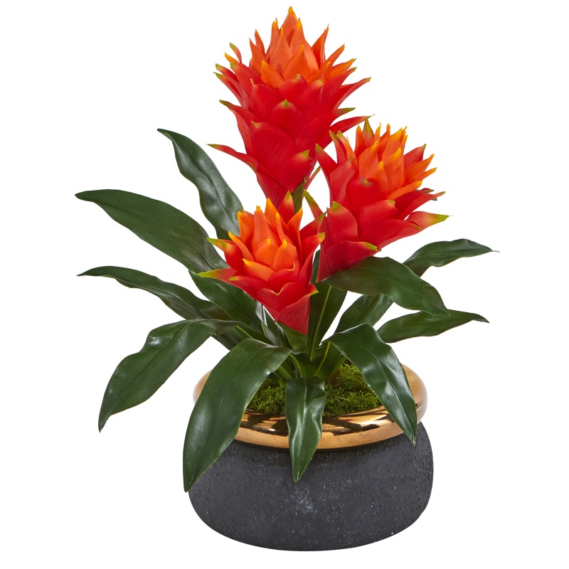 14” Triple Bromeliad Artificial Plant In Stoneware Planter