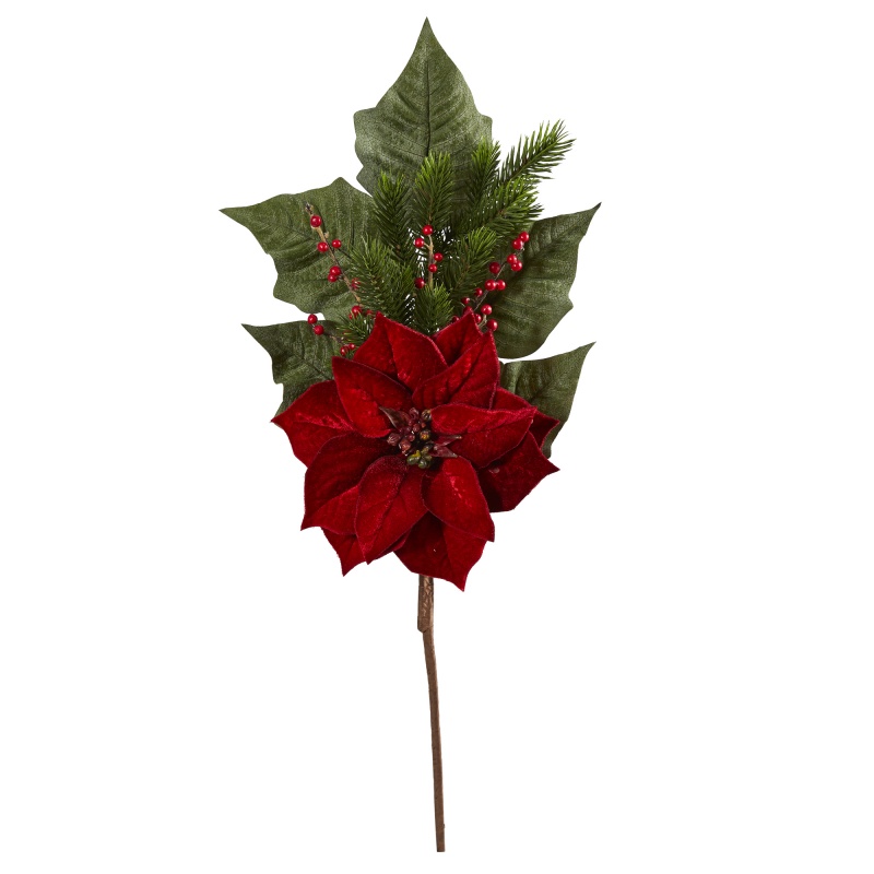 Red Poinsettia Stems Set of 3